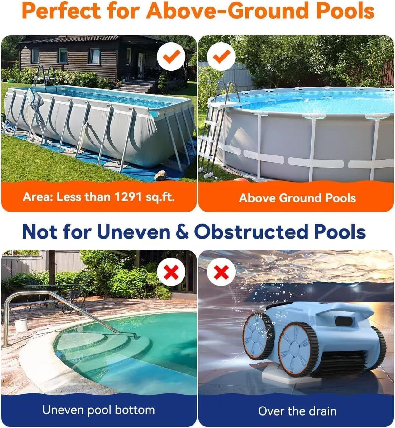 Cordless Robotic Pool Cleaner, 180 Mins Runtime Self-Parking Pool Vacuum for Above Ground Pools, Wall Climbing Automatic Pool Robot - NOT Suitable for Pools with Sharp Steps/Raised Drains