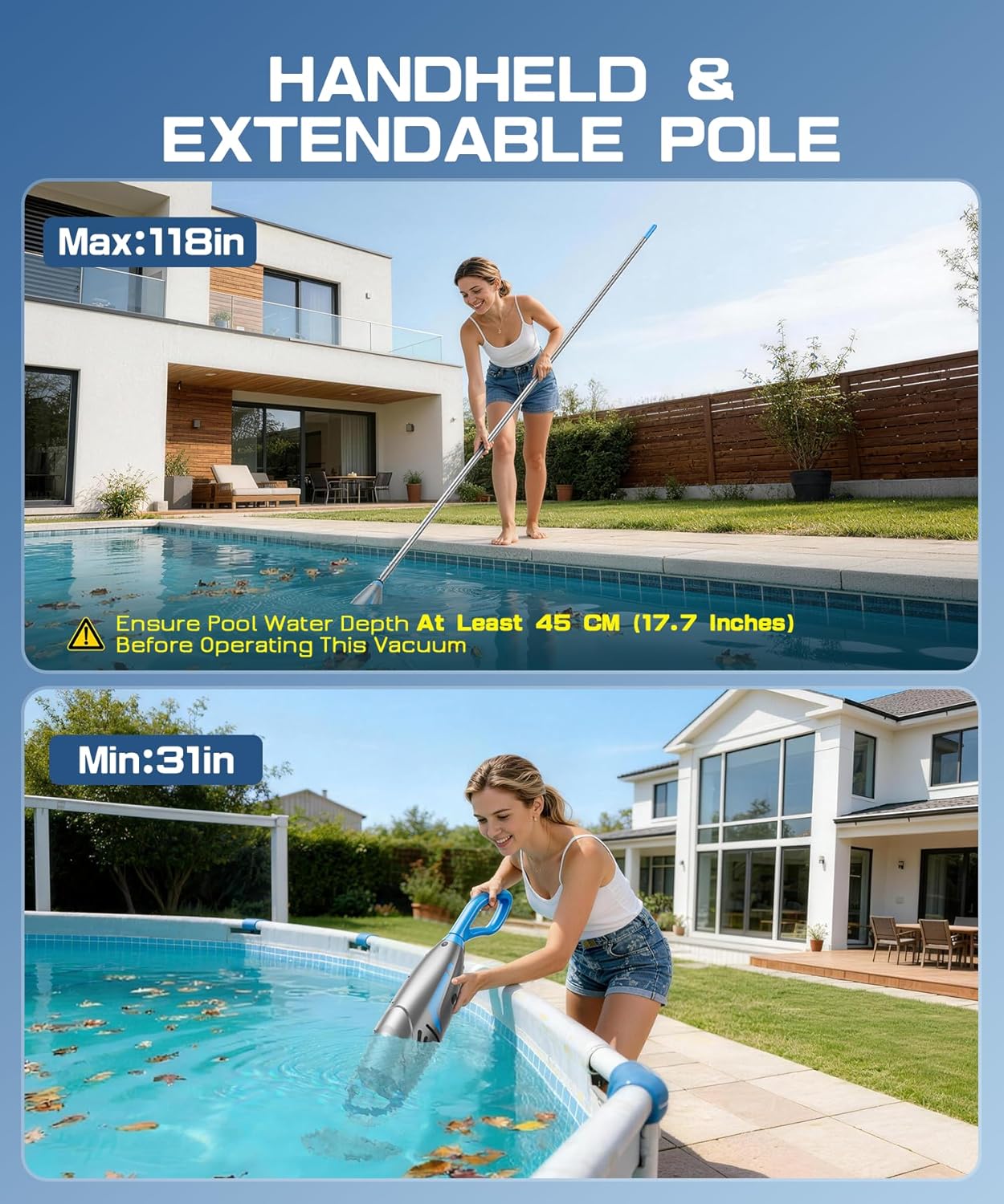 UIRWAY V3 Cordless Pool Vacuum for Above Ground Pools, Upgraded 26.5 GPM Powerful Suction, IPX8 Handheld Rechargeable Cleaner 2 Vacuum Heads & 4 Filter Bags, 1H Runtime, Portable for Inground Pools