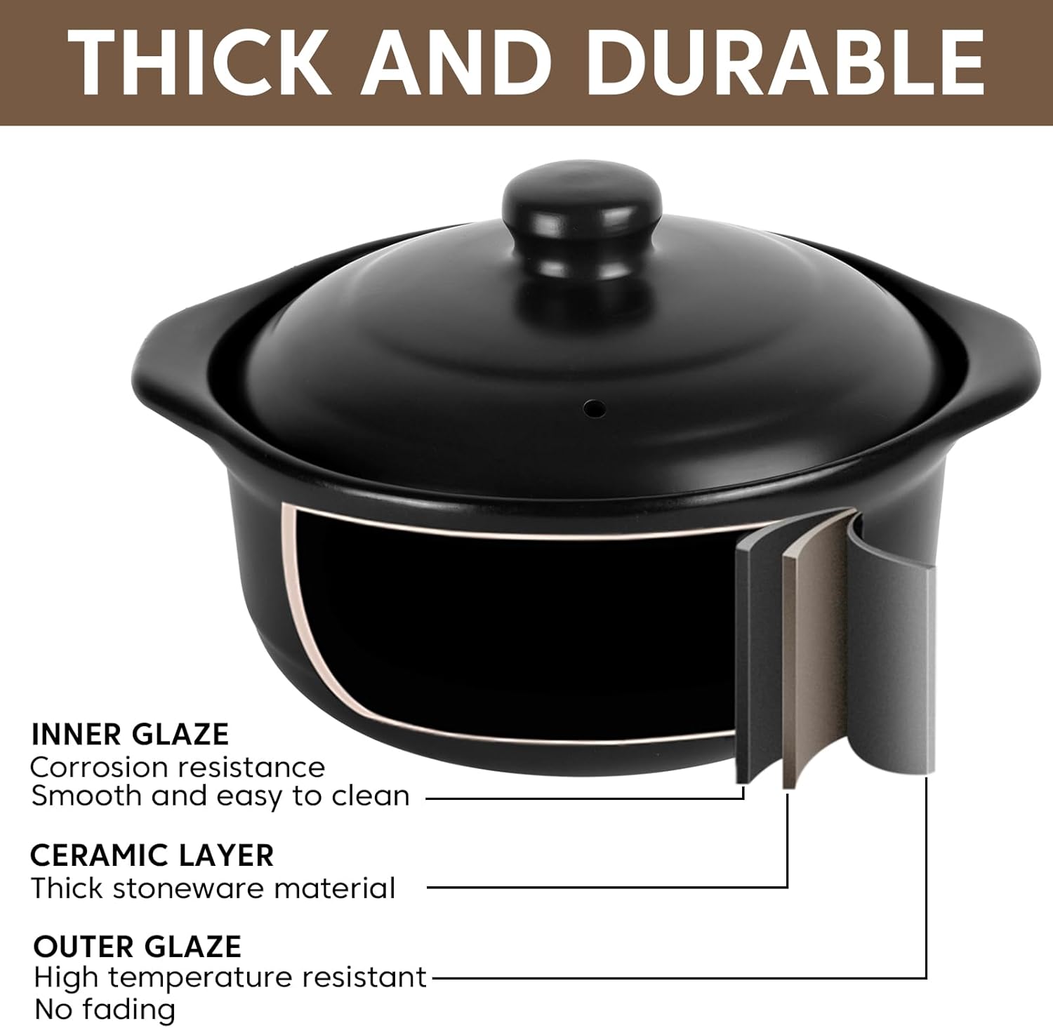 Ceramic Pots with Lid Cookware StockPot Clay Pot for Cooking (Black, 1.9 Quart)
