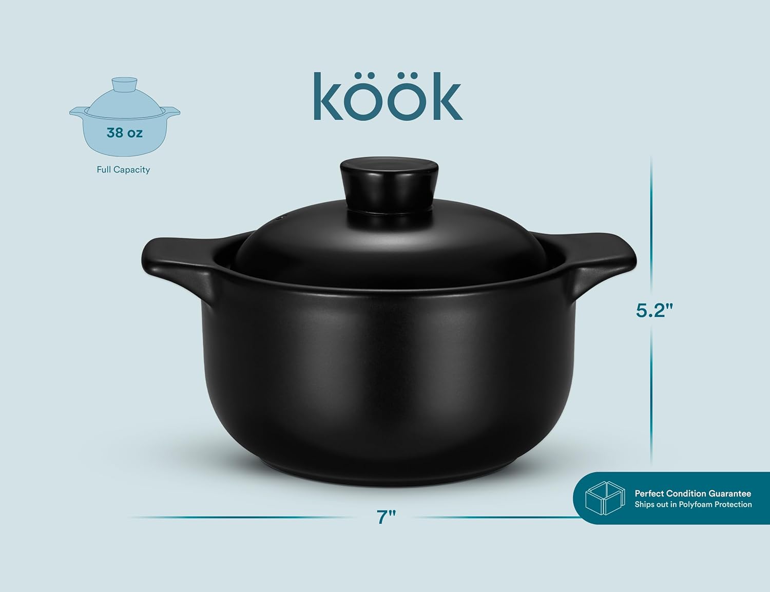 Kook Korean Dolsot Pot Set, Bowl with Lid, for Cooking Bibimbap, Kimchi, Hot Pot, Soups and Stews, Oven and Dishwasher Safe, 38 oz, Black