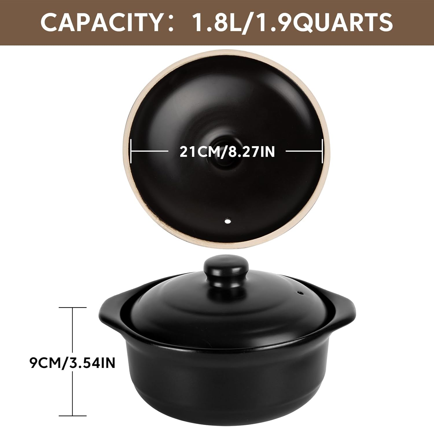 Ceramic Pots with Lid Cookware StockPot Clay Pot for Cooking (Black, 1.9 Quart)