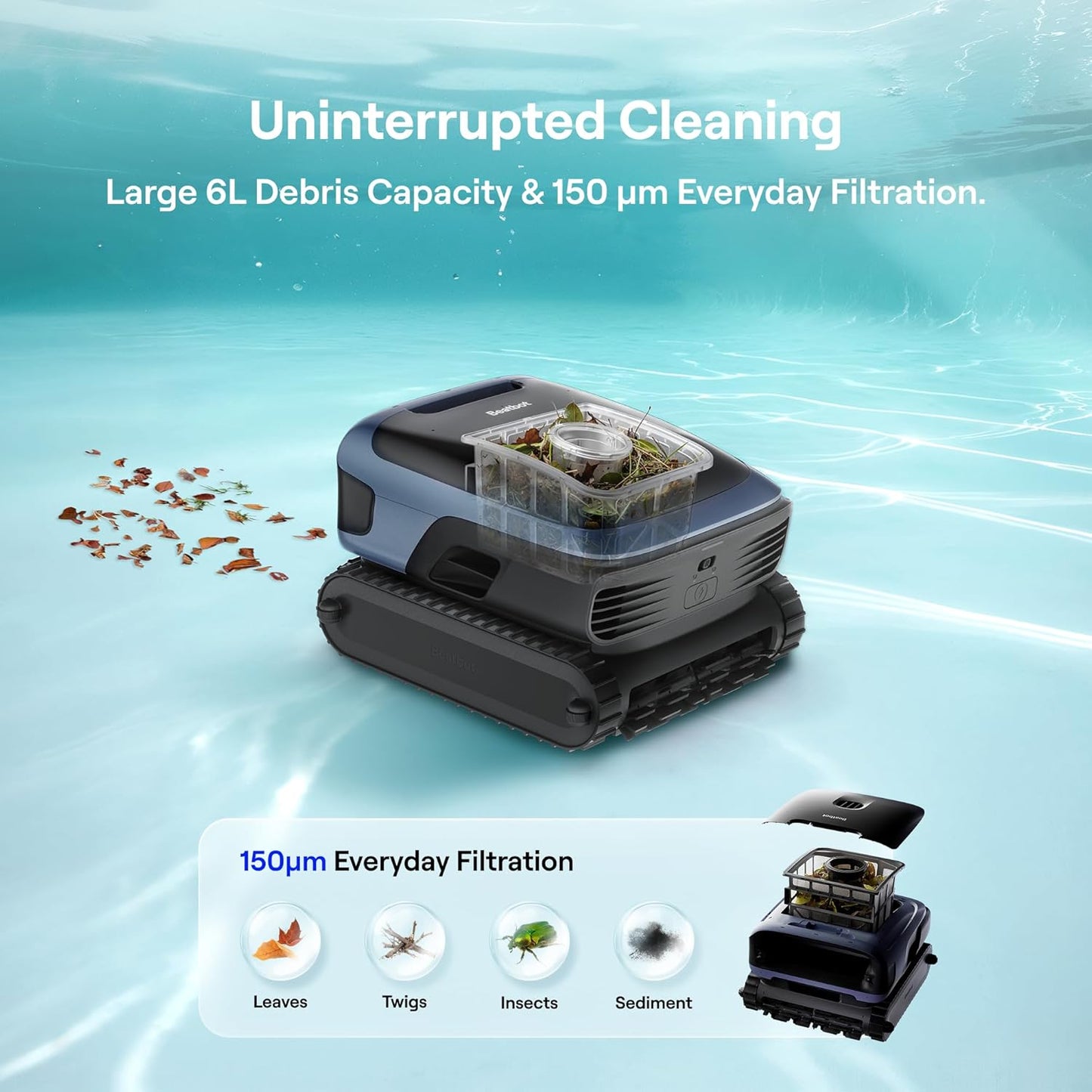 Beatbot Sora 70 Pool Vacuum Robot, 360° Top-to-Bottom Cleaning, Smart Surface Parking, 6L Capacity, 6800GPH Super Power for Above & In-Ground Pools Up to 3,200 sq. ft, Midnight Blue
