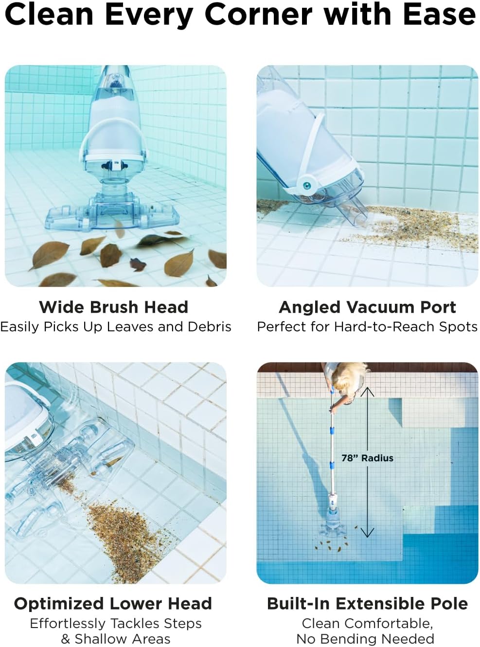 InoKraft Pool Vacuum for Above Ground Pool, Cordless Pool Vacuum for Inground Pools, Rechargeable Pool Cleaner with 18.5 GPM Suction, Above Ground Pool Vacuum with 59” Extendable Pole, Blue