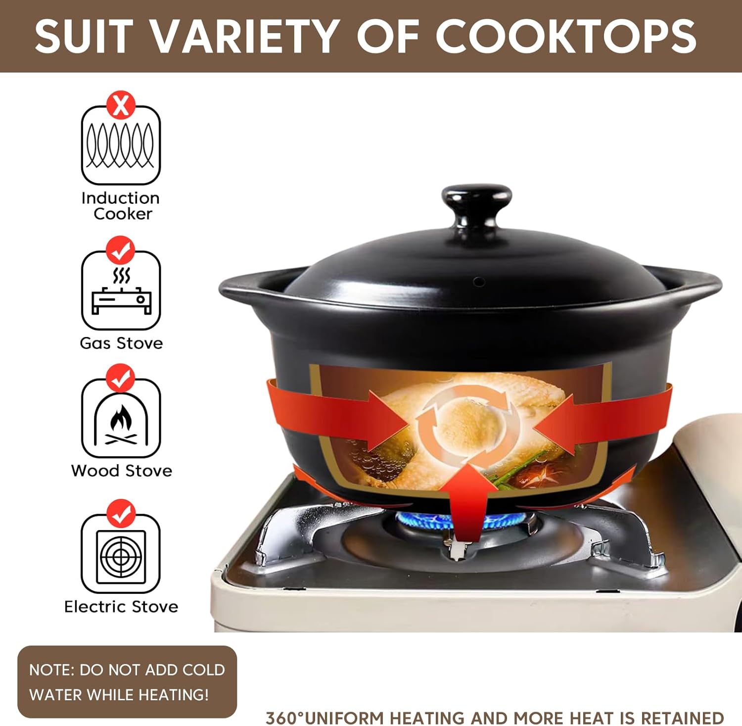 Ceramic Pots with Lid Cookware StockPot Clay Pot for Cooking (Black, 1.9 Quart)