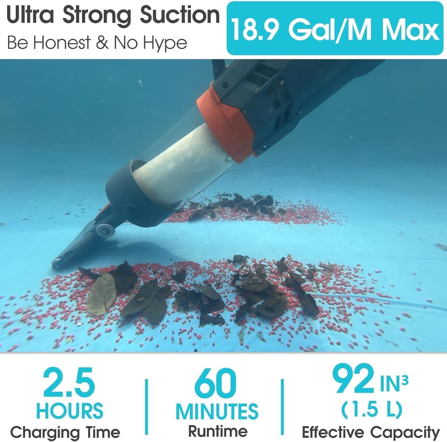 Cordless Pool Vacuum-True Powerful Suction 18.9GPM, 100inch, 1H Runtime, 25µm Fluff Ultra Fine Filter,Handheld Rechargeable Hot Tub Cleaner with Poles for Above Ground&Inground Pool