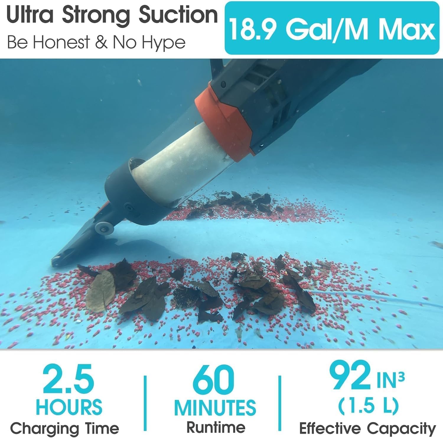 Cordless Pool Vacuum-True Powerful Suction 18.9GPM, 100inch, 1H Runtime, 25µm Fluff Ultra Fine Filter,Handheld Rechargeable Hot Tub Cleaner with Poles for Above Ground&Inground Pool