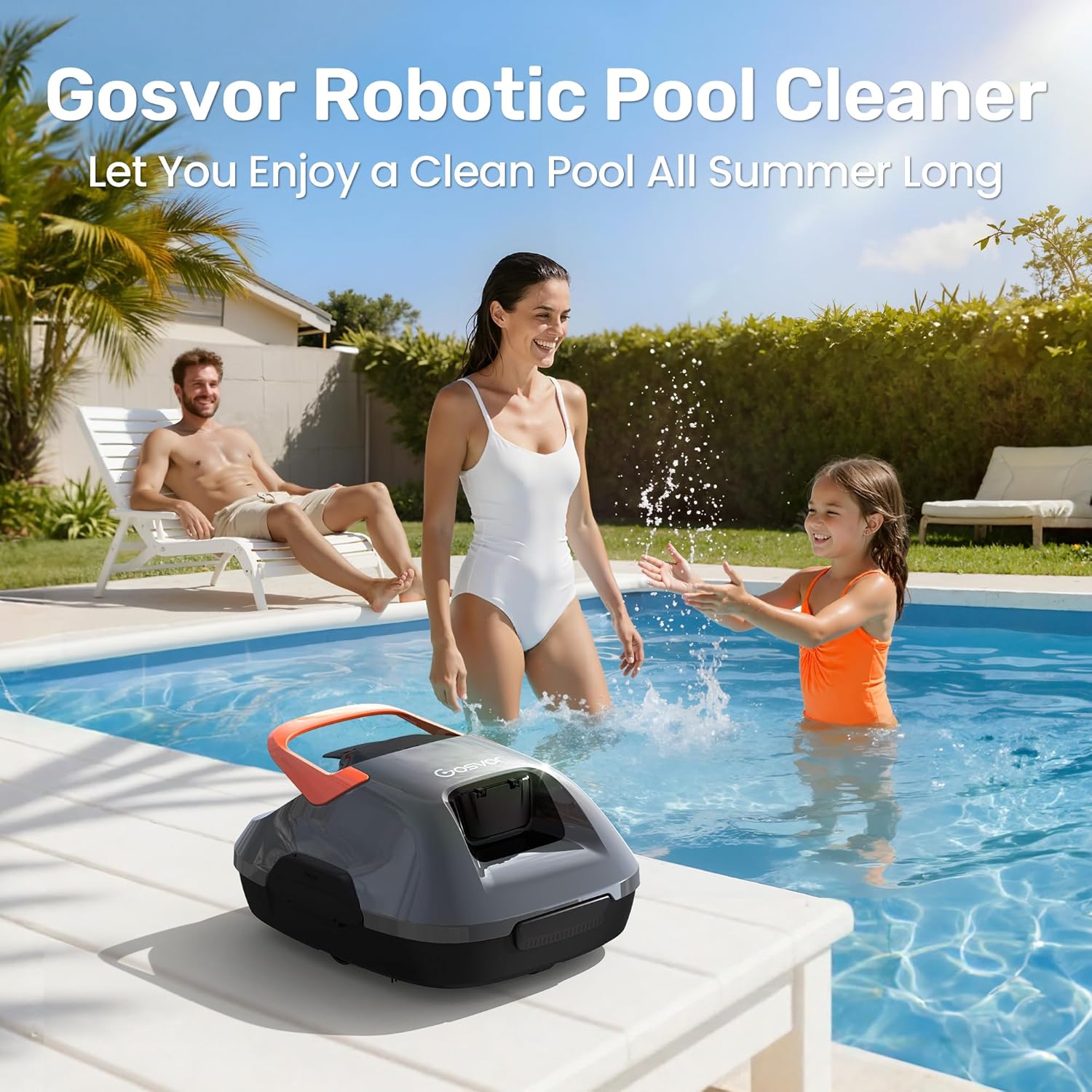 Gosvor LiteVac 800 Robotic Pool Cleaner, Pool Vacuum for Above Ground Pool Lasts 90 Mins, Self-Parking Design, 7.5 lbs Lightweight, Suitable for Flat Pools up to 860 sq. ft, Orange