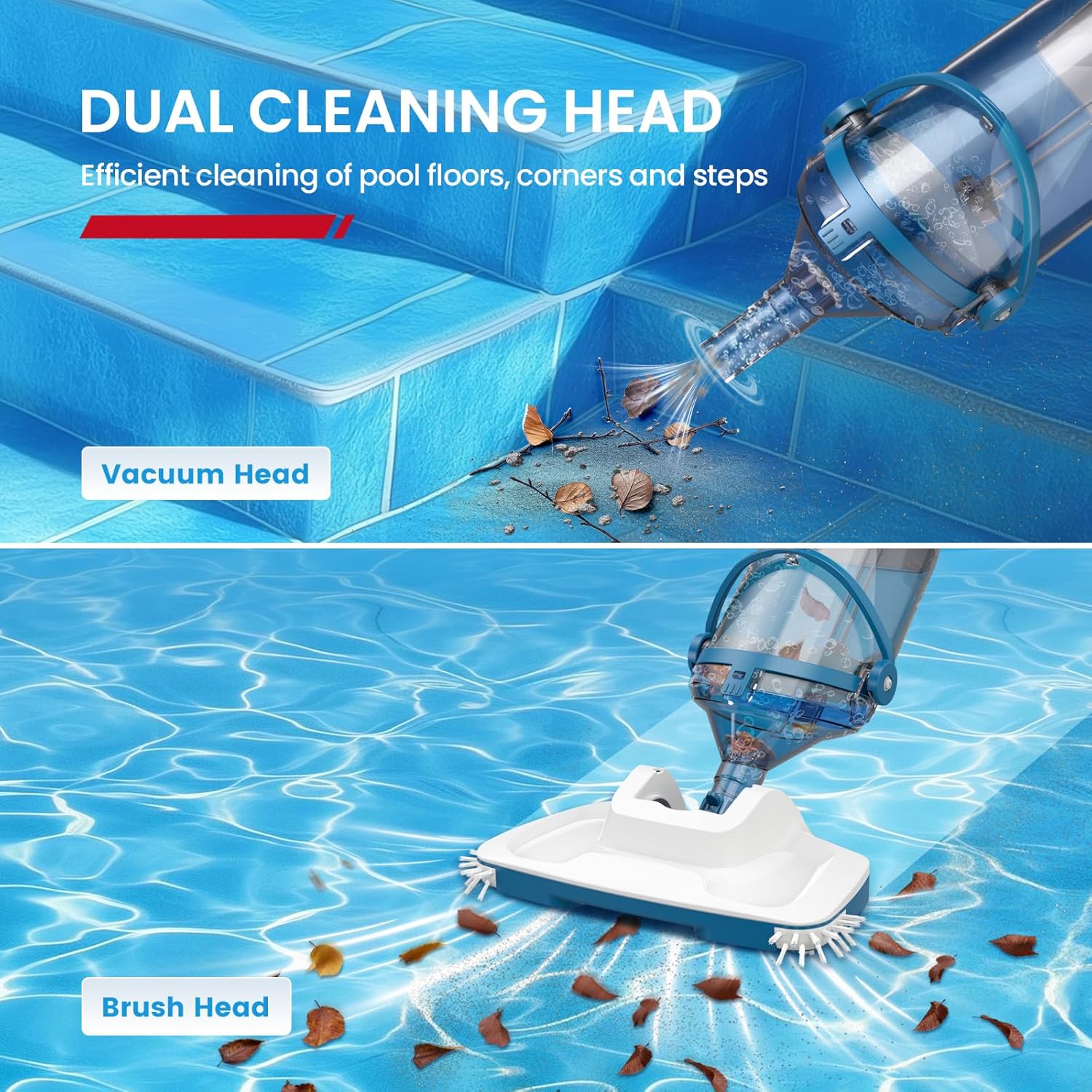 ENHULK Pool Vacuum for Above Ground Pool, Upgraded 13.4" Wide Head & Telescopic Pole, 18.5 GPM Suction, 60 Min Runtime, Cordless Handheld Rechargeable Pool Cleaner for Inground Pools (Blue)