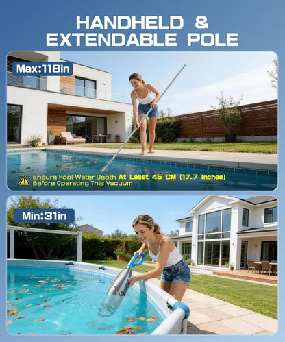 UIRWAY V3 Cordless Pool Vacuum for Above Ground Pools, Upgraded 26.5 GPM Powerful Suction, IPX8 Handheld Rechargeable Cleaner 2 Vacuum Heads & 4 Filter Bags, 1H Runtime, Portable for Inground Pools