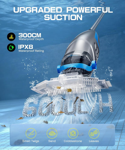 UIRWAY V3 Cordless Pool Vacuum for Above Ground Pools, Upgraded 26.5 GPM Powerful Suction, IPX8 Handheld Rechargeable Cleaner 2 Vacuum Heads & 4 Filter Bags, 1H Runtime, Portable for Inground Pools