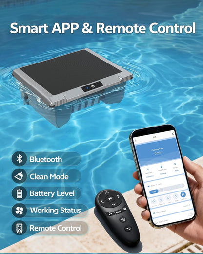 T1B Solar Powered Pool Skimmer Robot, Automatic Robotic Pool Surface Skimmer Cleaner with 24/7 Cleaning, Dual Charging Modes, Auto-Dock, Above-Ground & Inground Pools (Gray)