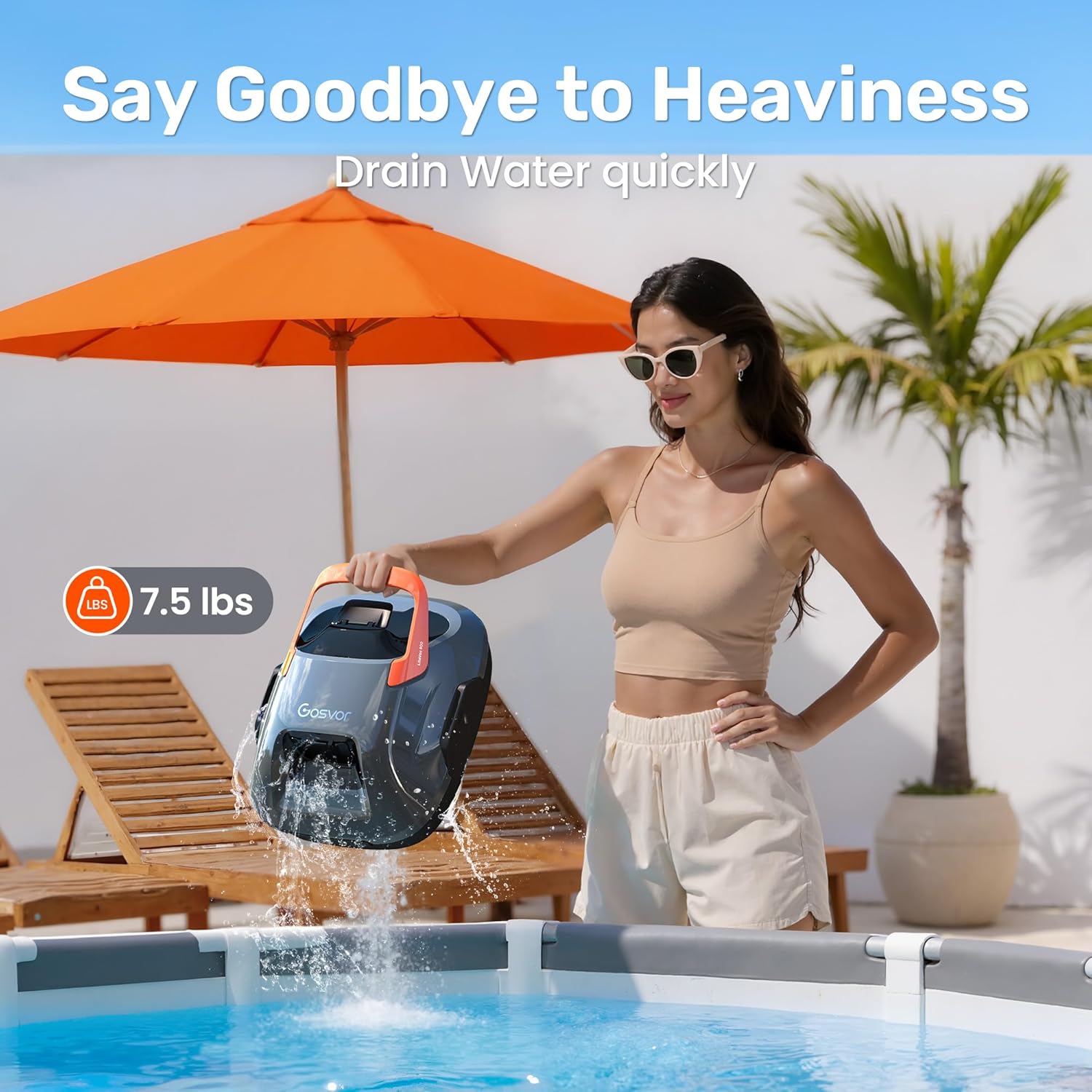 Gosvor LiteVac 800 Robotic Pool Cleaner, Pool Vacuum for Above Ground Pool Lasts 90 Mins, Self-Parking Design, 7.5 lbs Lightweight, Suitable for Flat Pools up to 860 sq. ft, Orange