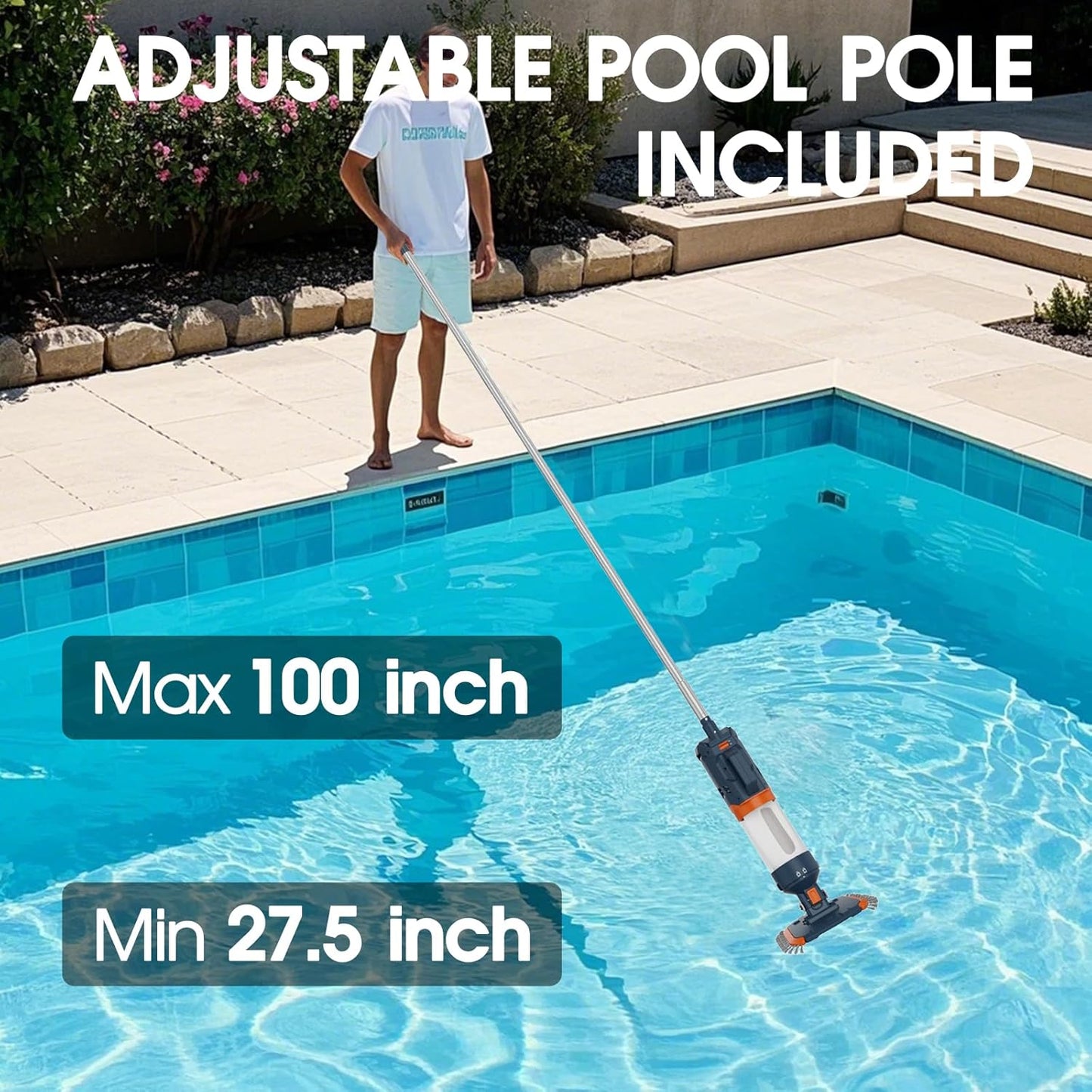 Cordless Pool Vacuum-True Powerful Suction 18.9GPM, 100inch, 1H Runtime, 25µm Fluff Ultra Fine Filter,Handheld Rechargeable Hot Tub Cleaner with Poles for Above Ground&Inground Pool