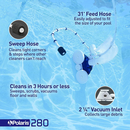 Polaris Vac-Sweep 280 Pressure-Side In-ground Pool Cleaner, Double Venturi Jet Powered, 31ft of Hose with an All Purpose Debris Bag
