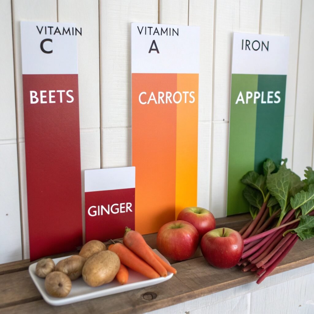 Chart of health benefits in Fatigue Fighter Beetroot Juice ingredients