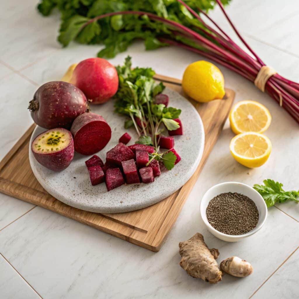 Fresh ingredients for Fatigue Fighter Beetroot Juice arranged on a kitchen counter
