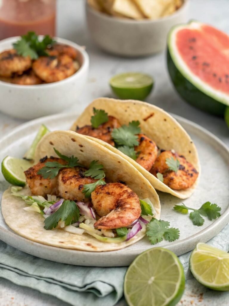 Close-up of a freshly assembled grilled shrimp taco with vibrant cabbage slaw and creamy chipotle-lime sauce, ready to eat.