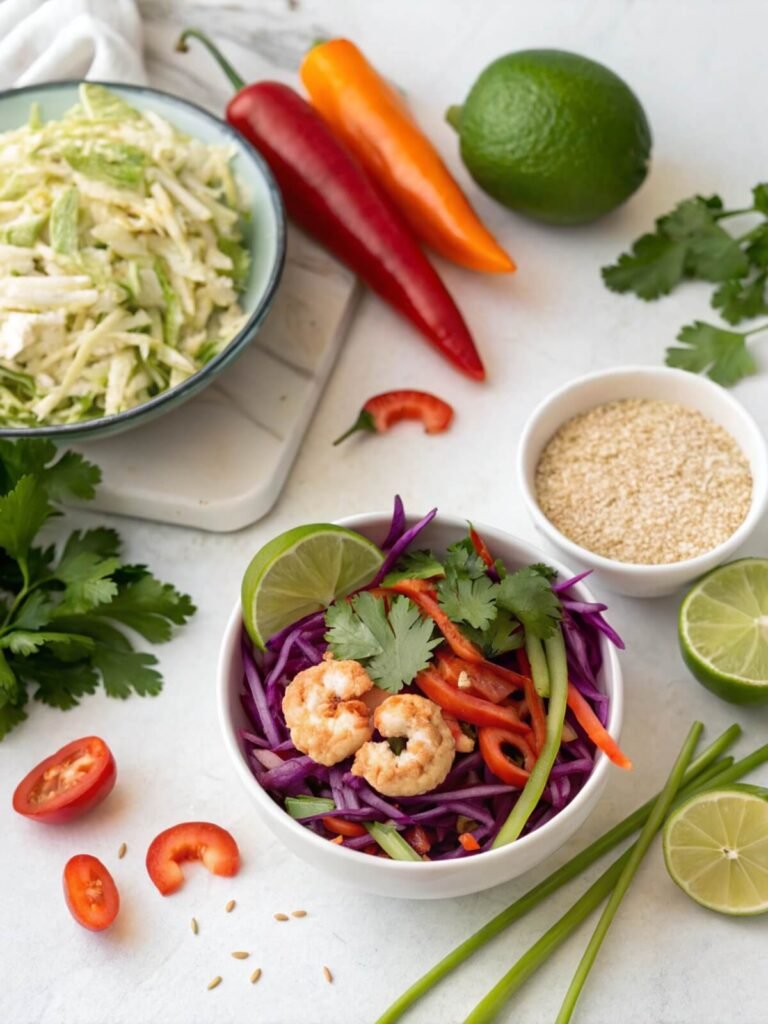 Baja Shrimp Tacos Recipe 9 Ingredients for zesty cabbage slaw in Baja shrimp tacos, featuring a bowl of mixed slaw, green and red cabbage, carrots, cilantro, lime, olive oil, and seasonings on a coastal-inspired kitchen counter.