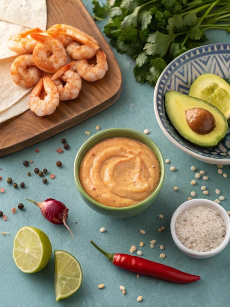 Baja Shrimp Tacos Recipe 8 Ingredients for chipotle mayo sauce in Baja shrimp tacos, featuring a bowl of creamy mayo, adobo sauce, lime, garlic powder, and sea salt on a coastal-inspired kitchen counter.