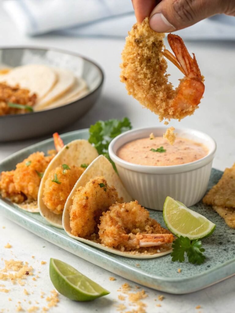 Baja Shrimp Tacos Recipe 10 Hand dipping shrimp in panko breadcrumbs for Baja shrimp tacos, with flour and egg bowls on a clean kitchen counter.