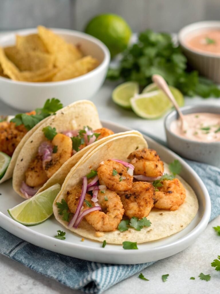 Baja Shrimp Tacos Recipe 6 Three vibrant Baja shrimp tacos with crispy shrimp, chipotle mayo, and zesty slaw on a colorful plate, ready for taco night.