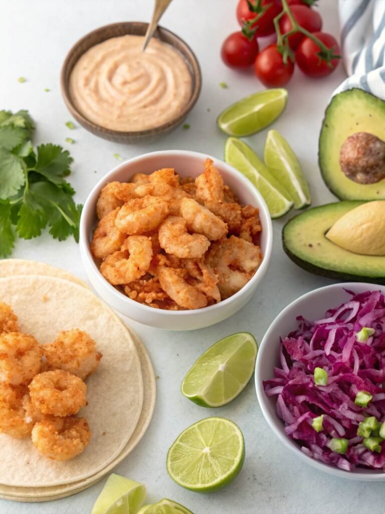 Baja Shrimp Tacos Recipe 7 Vibrant ingredients for Baja shrimp tacos, including shrimp, panko breadcrumbs, chipotle mayo, and colorful cabbage slaw, arranged on a coastal-inspired kitchen counter.