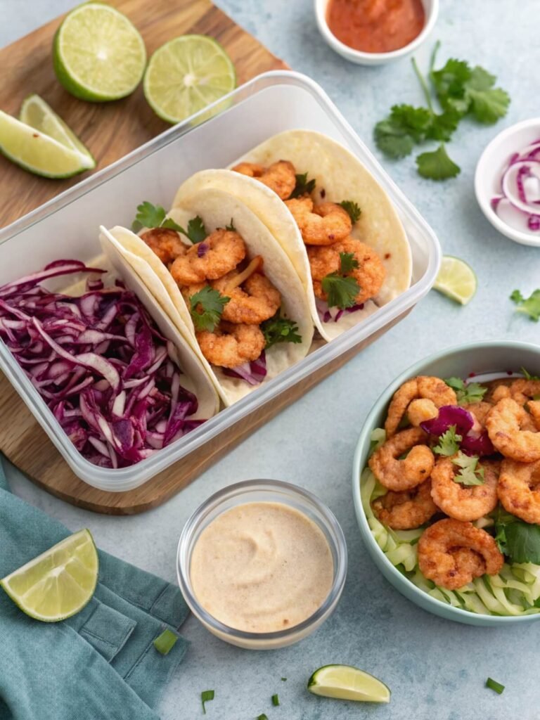 Baja Shrimp Tacos Recipe 11 Organized meal prep for Baja shrimp tacos, featuring airtight containers with crispy shrimp, chipotle mayo, and zesty cabbage slaw on a coastal-inspired kitchen counter.