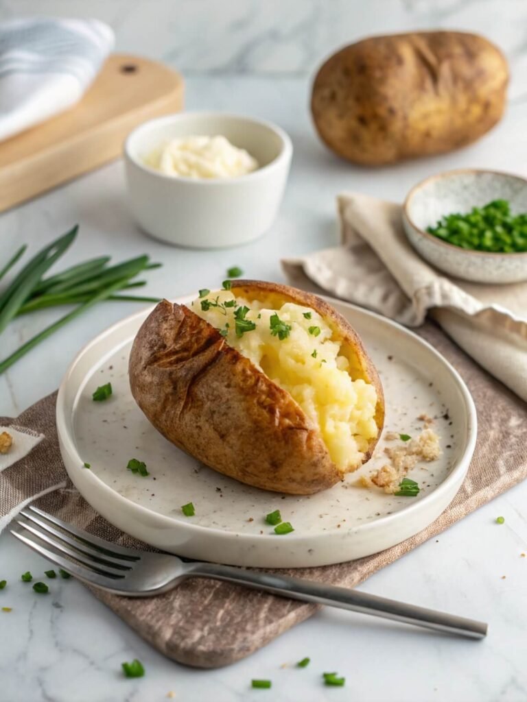 Fluffy oven-baked potato with crispy skin on a marble countertop with chives.