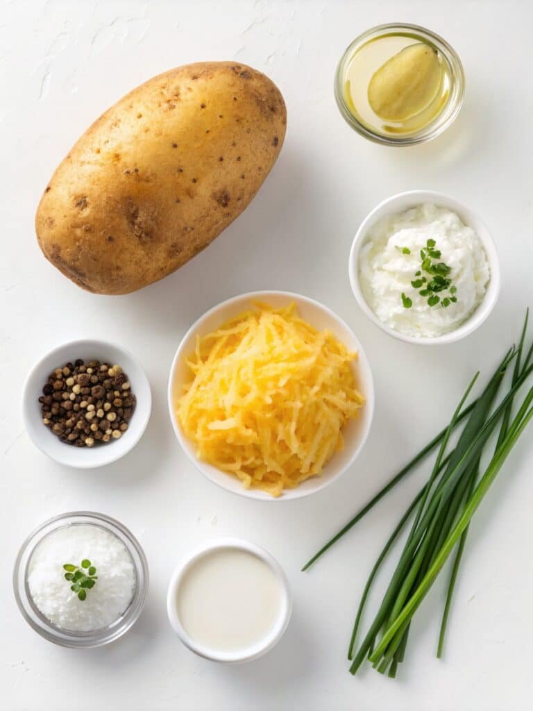 Ingredients for oven-baked potato recipe, including russet potato, olive oil, salt, and toppings on a rustic wooden table.