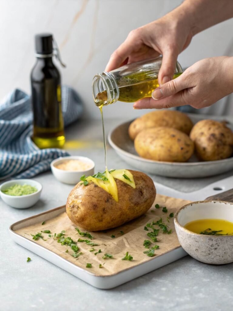 Hands rubbing a russet potato with olive oil for oven baking
