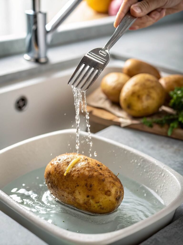 Hands scrubbing a russet potato under running water for oven baking preparation.