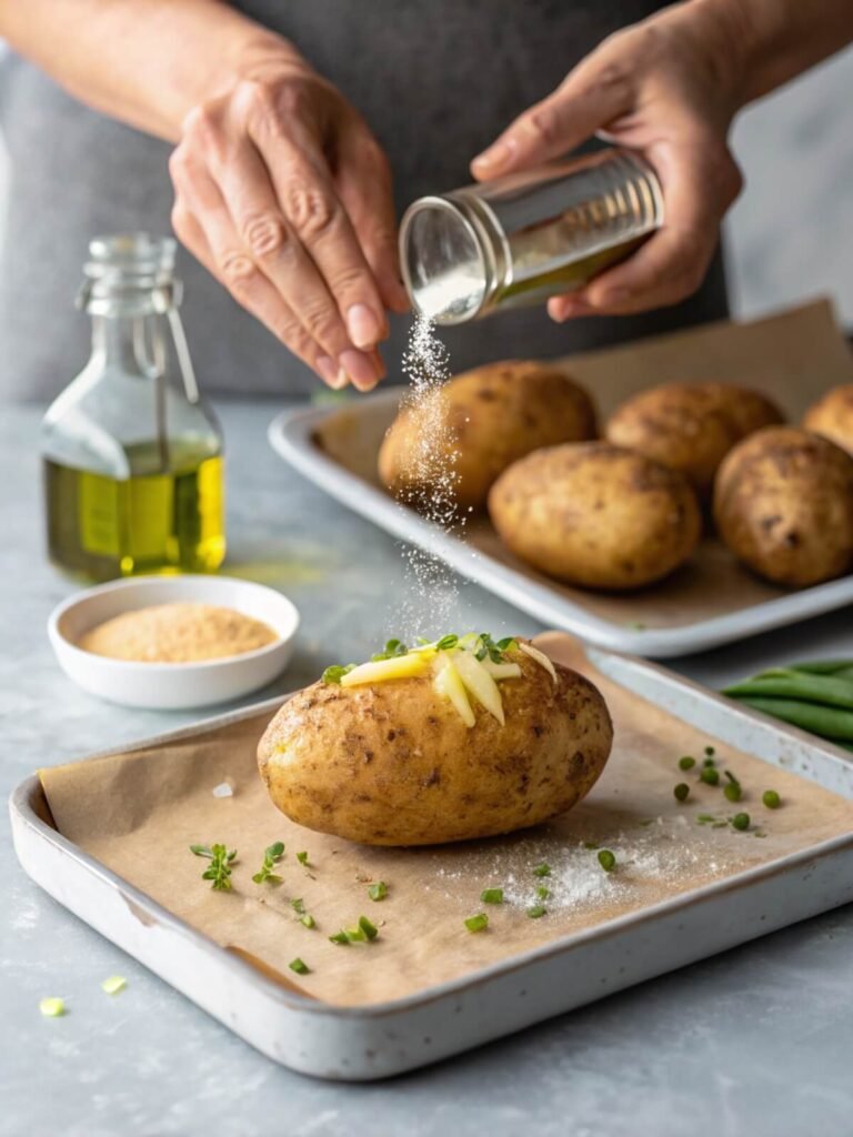 Perfect Oven-Baked Potato 8 Hands rubbing olive oil and kosher salt on a russet potato for oven baking
