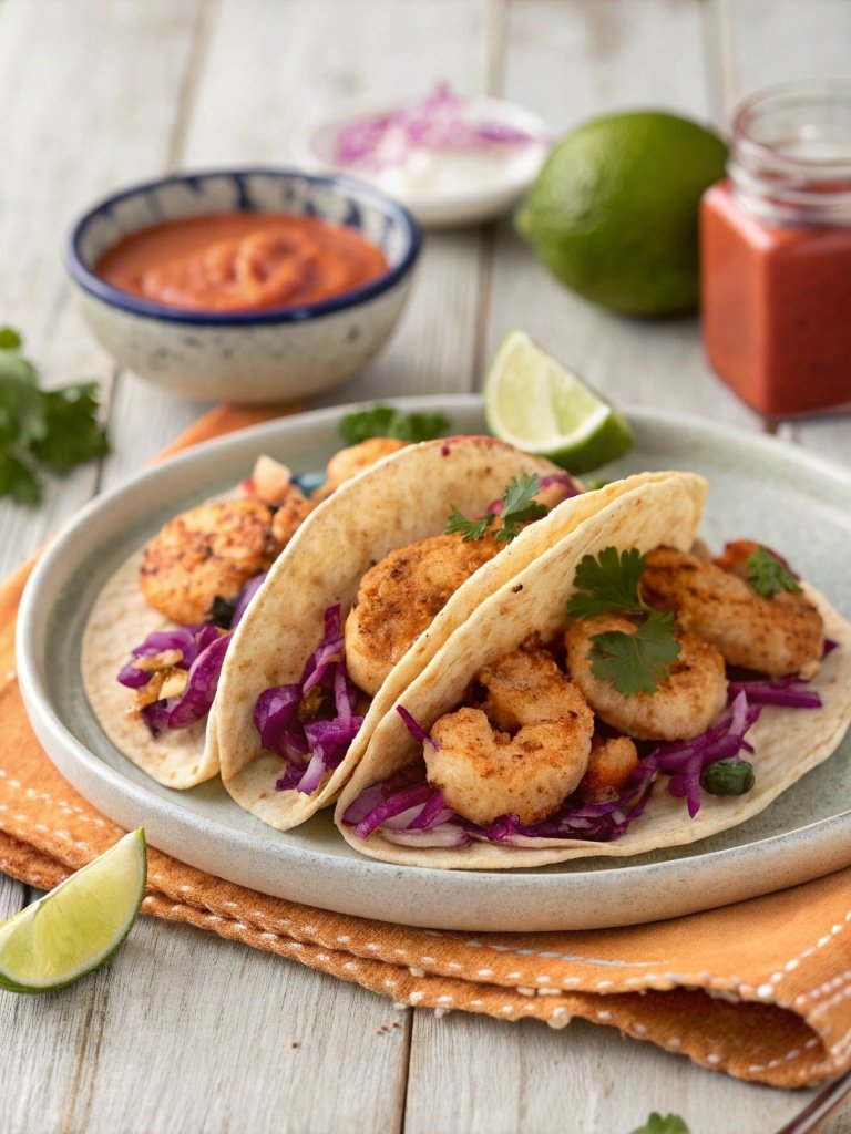 Frozen Shrimp Tacos 8 Cajun-style frozen shrimp tacos with seasoned shrimp, creamy coleslaw, and cilantro on corn tortillas, styled on a coastal-inspired table with a red linen runner