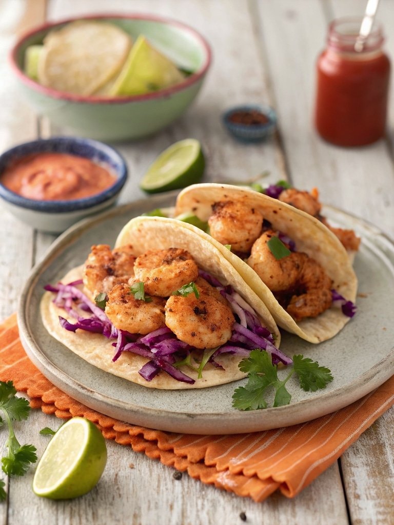 Frozen Shrimp Tacos 9 Smoky chipotle frozen shrimp tacos with seasoned shrimp, purple cabbage slaw, chipotle mayo, and cilantro on corn tortillas, styled on a coastal-inspired table with an orange linen runner.