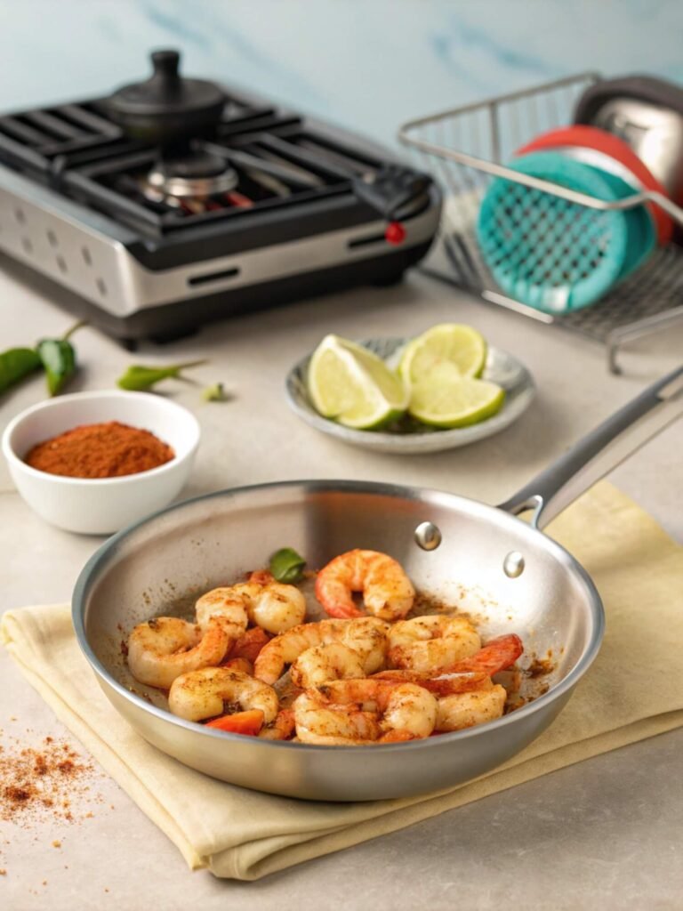 Frozen Shrimp Tacos 11 Stovetop cooking of frozen shrimp for tacos, with seasoned shrimp sizzling in a skillet, styled on a clean kitchen counter with air fryer and grilling props in the background.