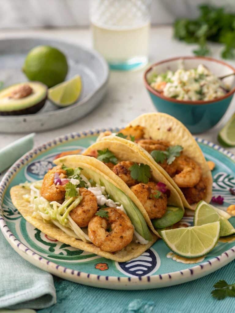 Frozen Shrimp Tacos 15 Three vibrant frozen shrimp tacos with cabbage slaw, avocado, and lime crema on a ceramic plate, styled for a family-friendly meal.
