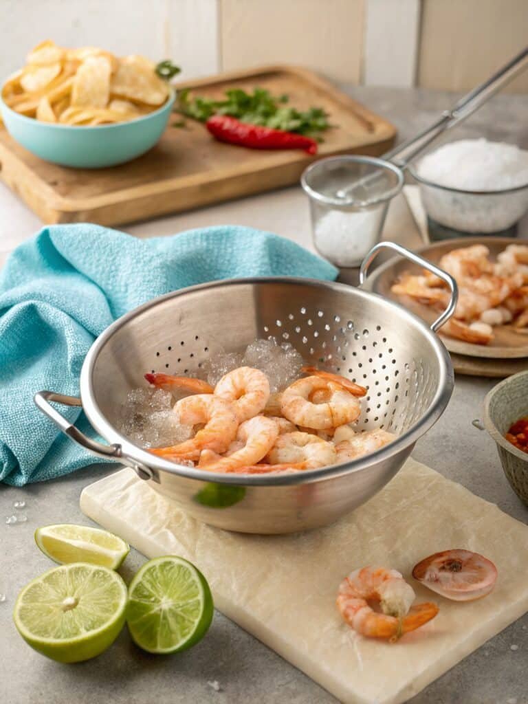 Frozen Shrimp Tacos 6 Cold water thawing of frozen shrimp for tacos in a colander, with raw and pre-cooked shrimp varieties displayed on a clean kitchen counter.