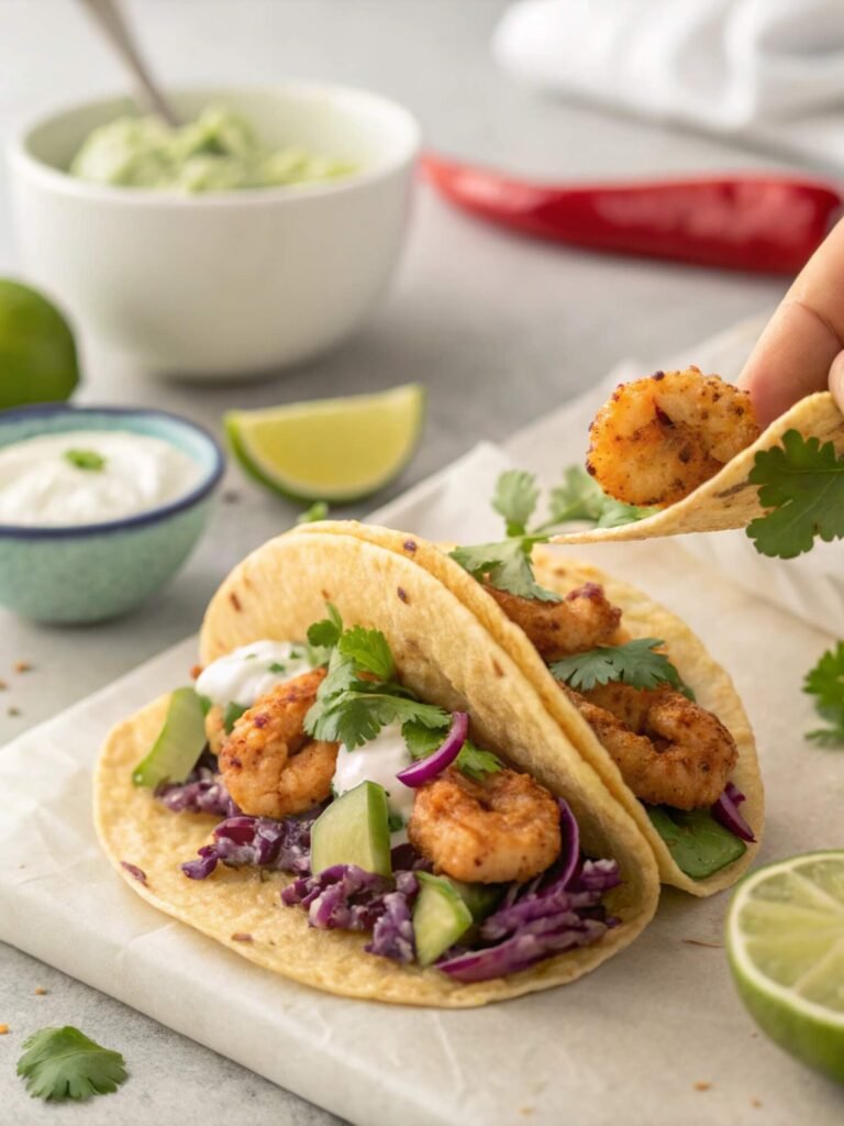 Frozen Shrimp Tacos 12 Step-by-step assembly of a frozen shrimp taco with seasoned shrimp, cabbage slaw, avocado, and lime crema on a corn tortilla, styled on a clean kitchen counter.