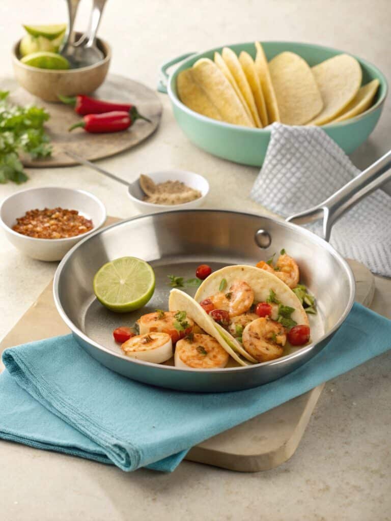 Frozen Shrimp Tacos 13 Close-up of searing frozen shrimp for tacos with lime juice and double-layered corn tortillas on a clean kitchen counter, addressing texture and flavor challenges.