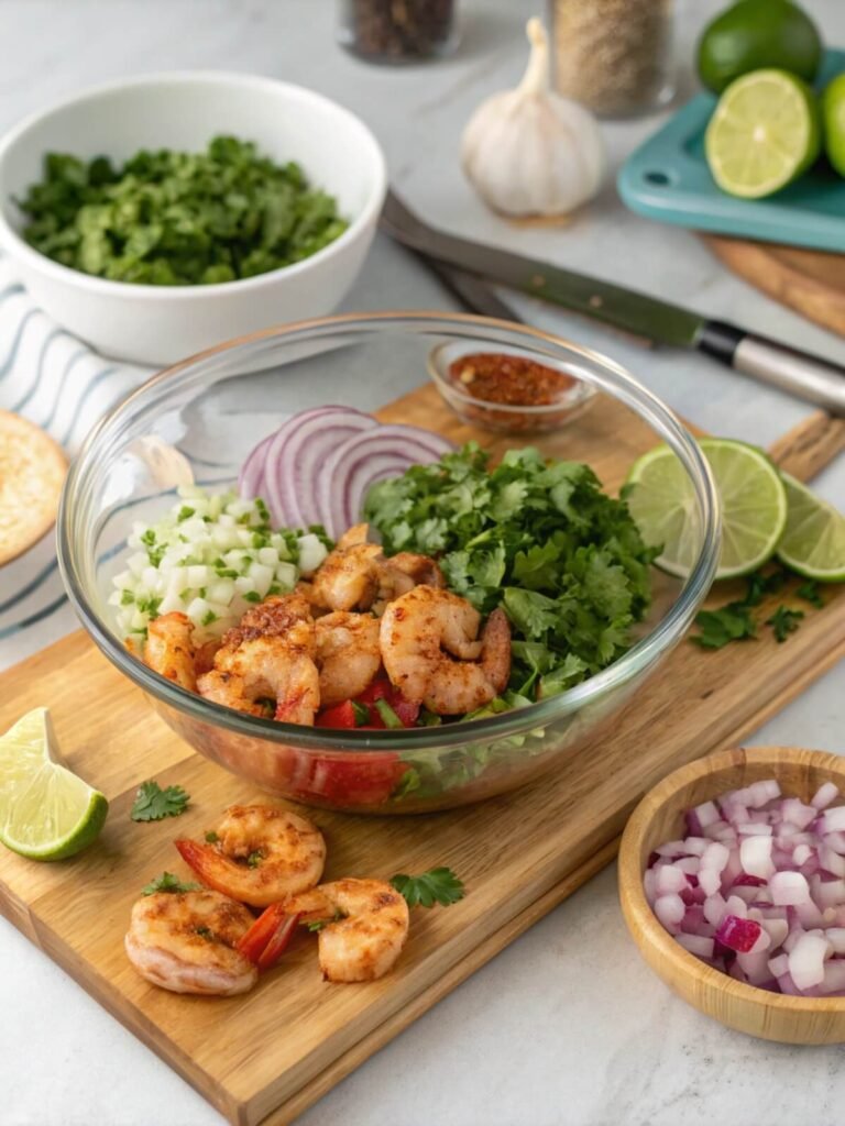 Preparing a flavorful grilled shrimp marinade with olive oil, lime, and spices for tacos on a kitchen counter.