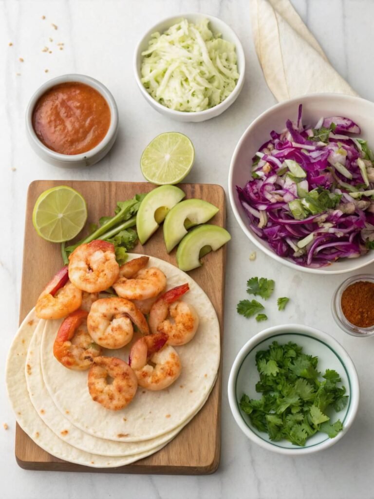 Ingredients for grilled shrimp tacos, including shrimp, lime, spices, cabbage, and chipotle-lime sauce, arranged on a kitchen counter.