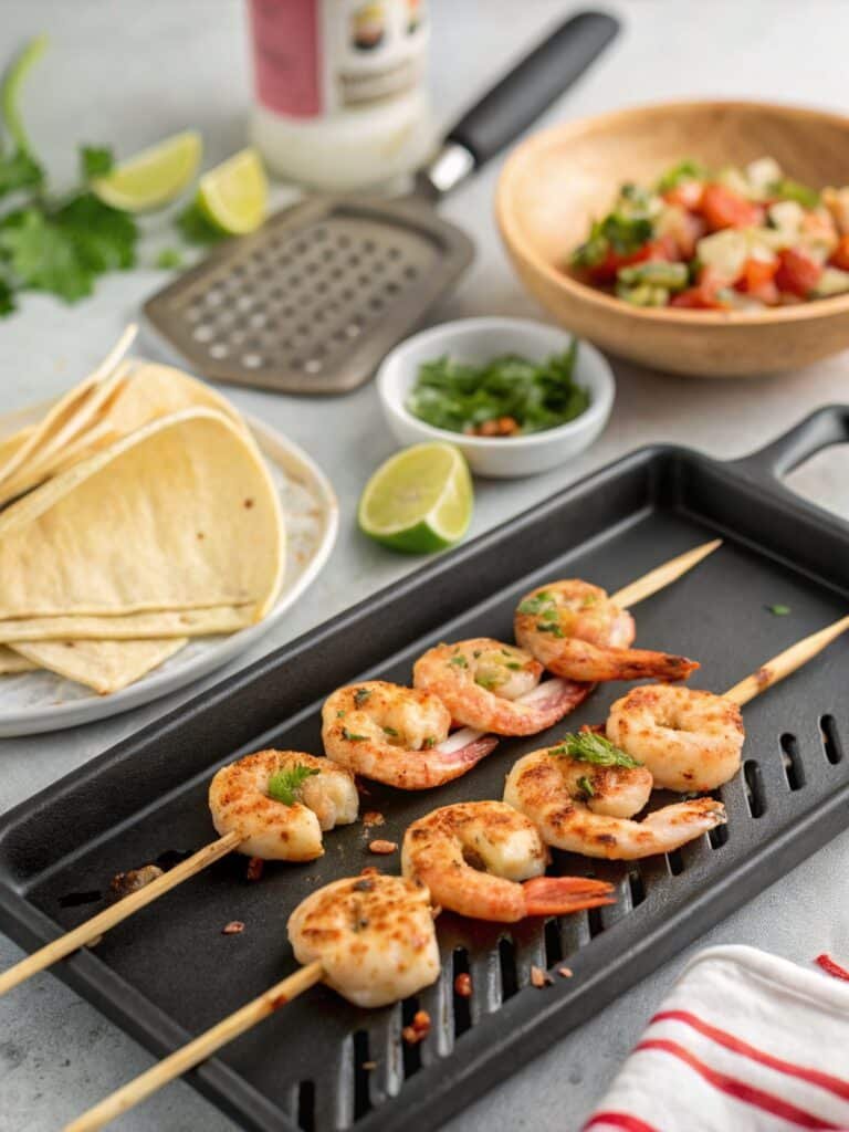 Grilling shrimp skewers for tacos on a hot grill, showing vibrant pink color and grill marks.