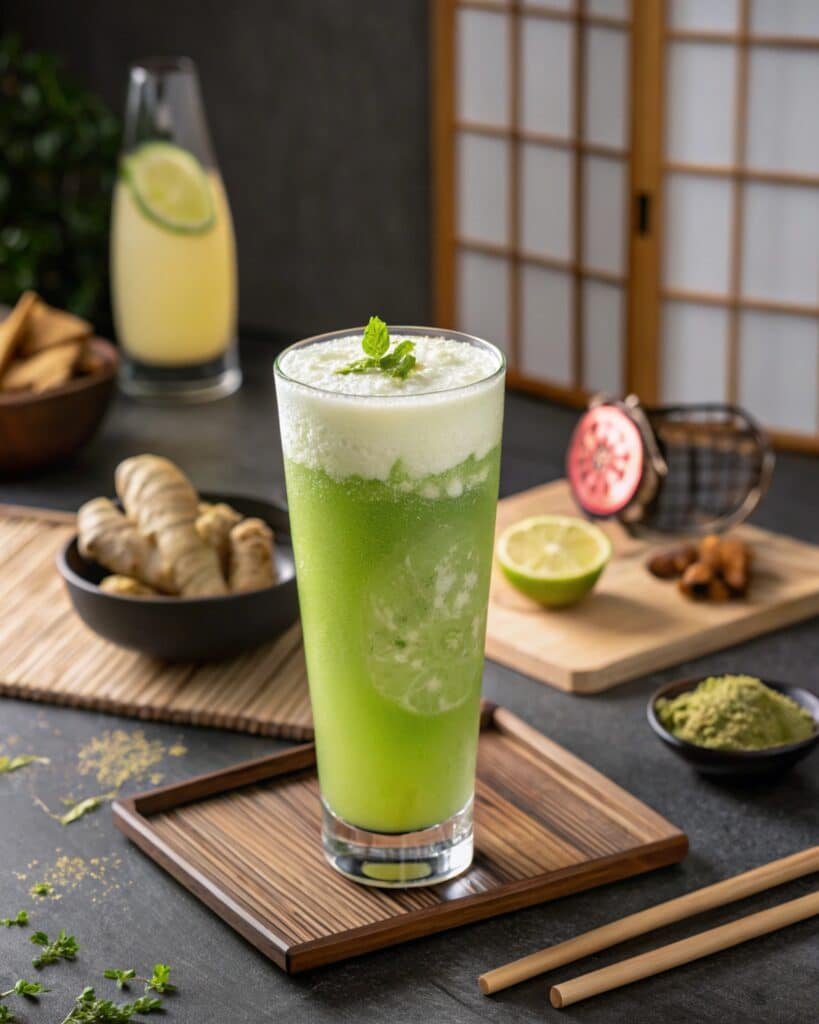 Japanese Mounjaro Recipe 8 Finished Japanese Mounjaro recipe detox drink, frothy and green with yuzu garnish in an elegant glass.