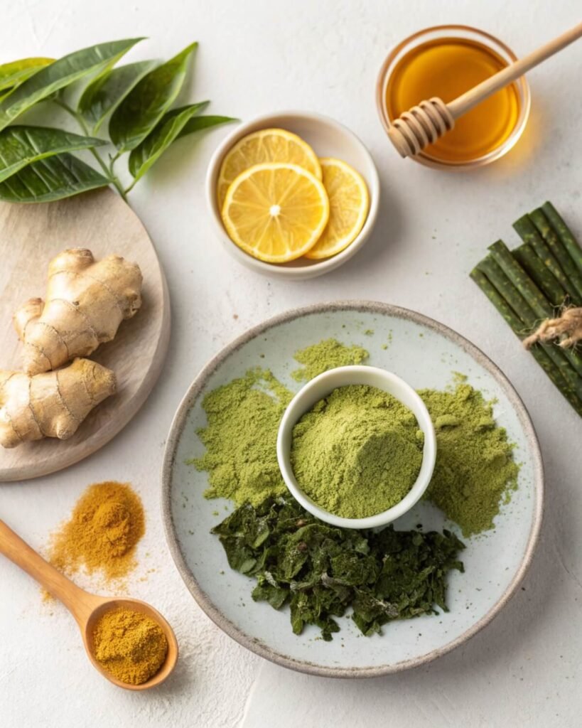 Japanese Mounjaro Recipe 6 Vibrant ingredients for the Japanese Mounjaro recipe, including matcha powder, kelp, ginger, yuzu zest, and honey, arranged on a minimalist Japanese table.