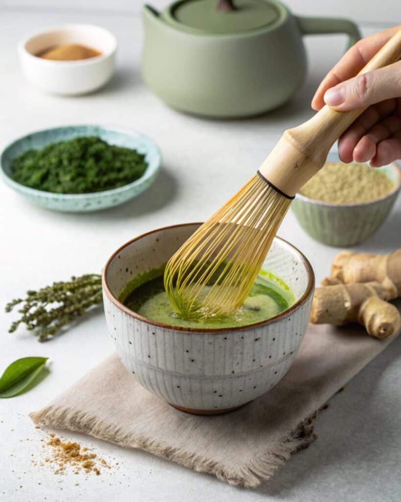 Japanese Mounjaro Recipe 7 Whisking matcha for the Japanese Mounjaro recipe in a cozy mug, showcasing the detox drink preparation.