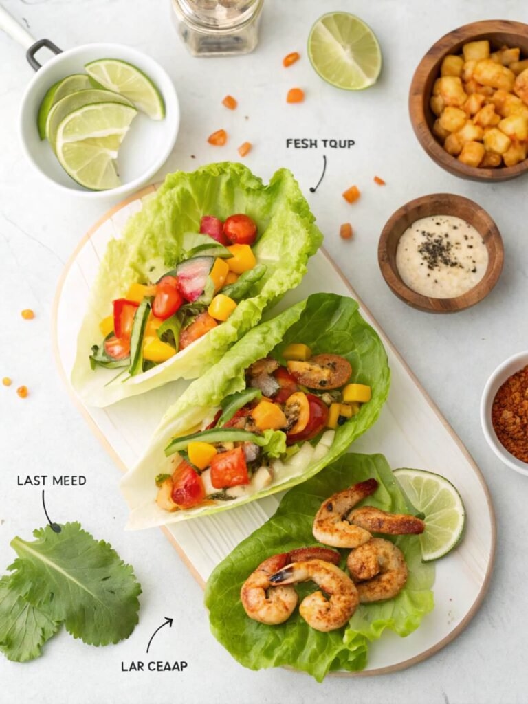 Healthy low-carb grilled shrimp tacos in lettuce cups with cabbage slaw and chipotle-lime sauce, perfect for a light meal.