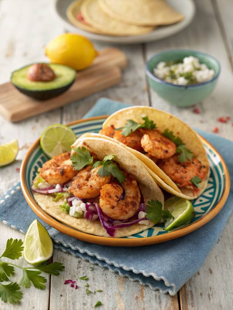 Frozen Shrimp Tacos 10 Mediterranean-inspired frozen shrimp tacos with seasoned shrimp, lettuce, avocado, parsley, and optional feta on corn tortillas, styled on a coastal-inspired table with a blue linen runner.