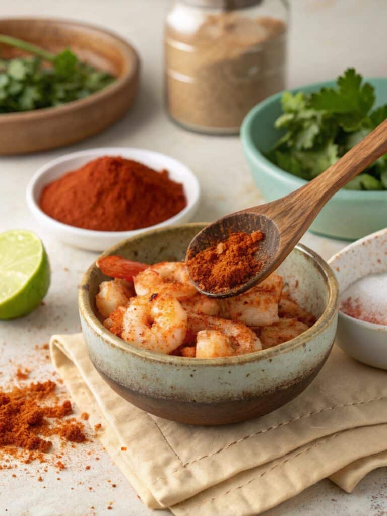 Frozen Shrimp Tacos 7 Close-up of seasoning frozen shrimp for tacos with a vibrant spice blend of smoked paprika, cumin, and chili powder in a ceramic bowl on a clean kitchen counter.